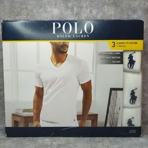 Polo Ralph Lauren Mens Small White Classic Fit Cotton V-Neck T-Shirts 3 Pack
